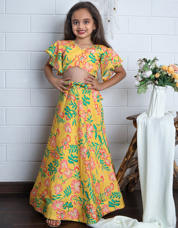 all season designer chinon sequins crochet digital print work yellow kids lehenga choli chinon sequins crochet na yellow uf-yaana203 Front View
